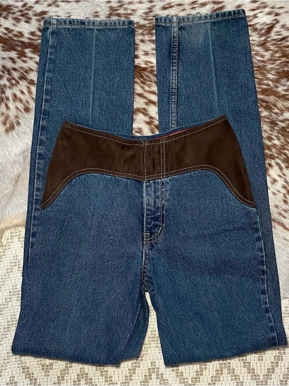 LAWMAN Women's Straight Leg Dark Blue Jeans with Brown Waist Panel